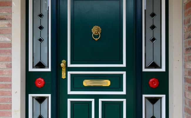 Grüne Holzhaustür mit Schmuckelementen